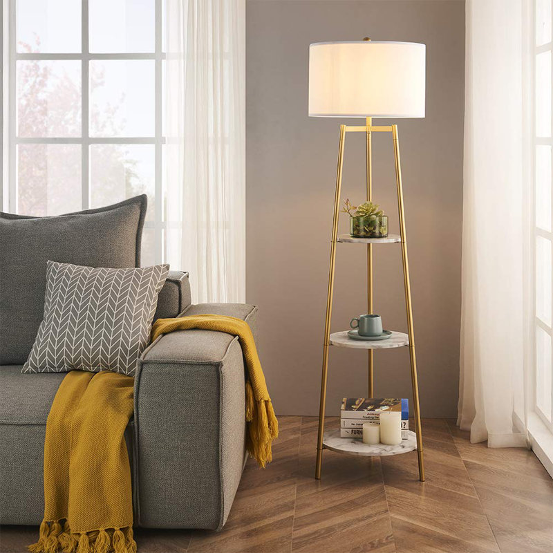 Everly Quinn Floor Lamp Standing Reading Light With Faux Marble Shelves And Fabric Shade Modern Tall Pole Accent Furniture Decor Lighting For Living Room Bedrooms Wayfair